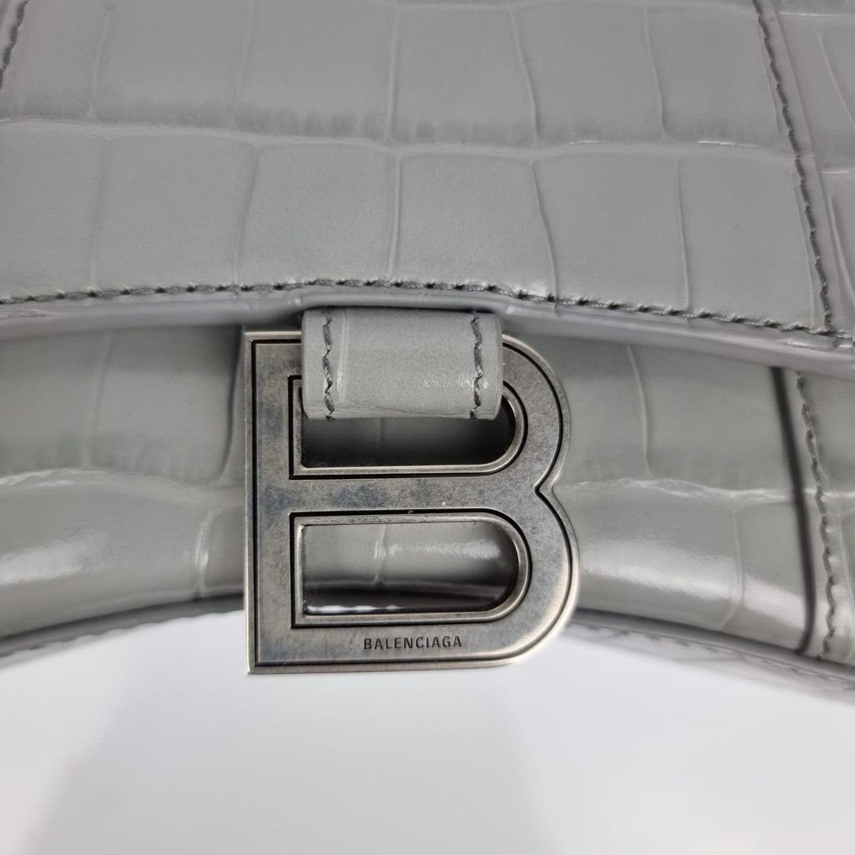 BALENCIAGA XS Hourglass Embossed Gray Leather Bag New