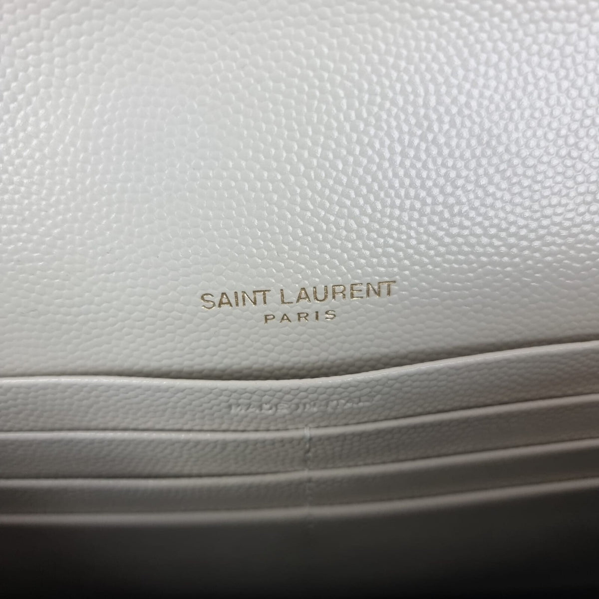 SAINT LAURENT Cassandre Envelope Crema Soft Grained Leather Chain Wallet New