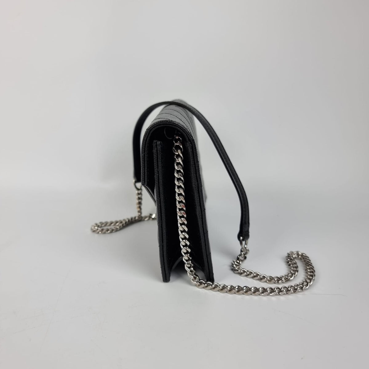 SAINT LAURENT Cassandre Envelope Black/Silver Grained Leather Chain Wallet New