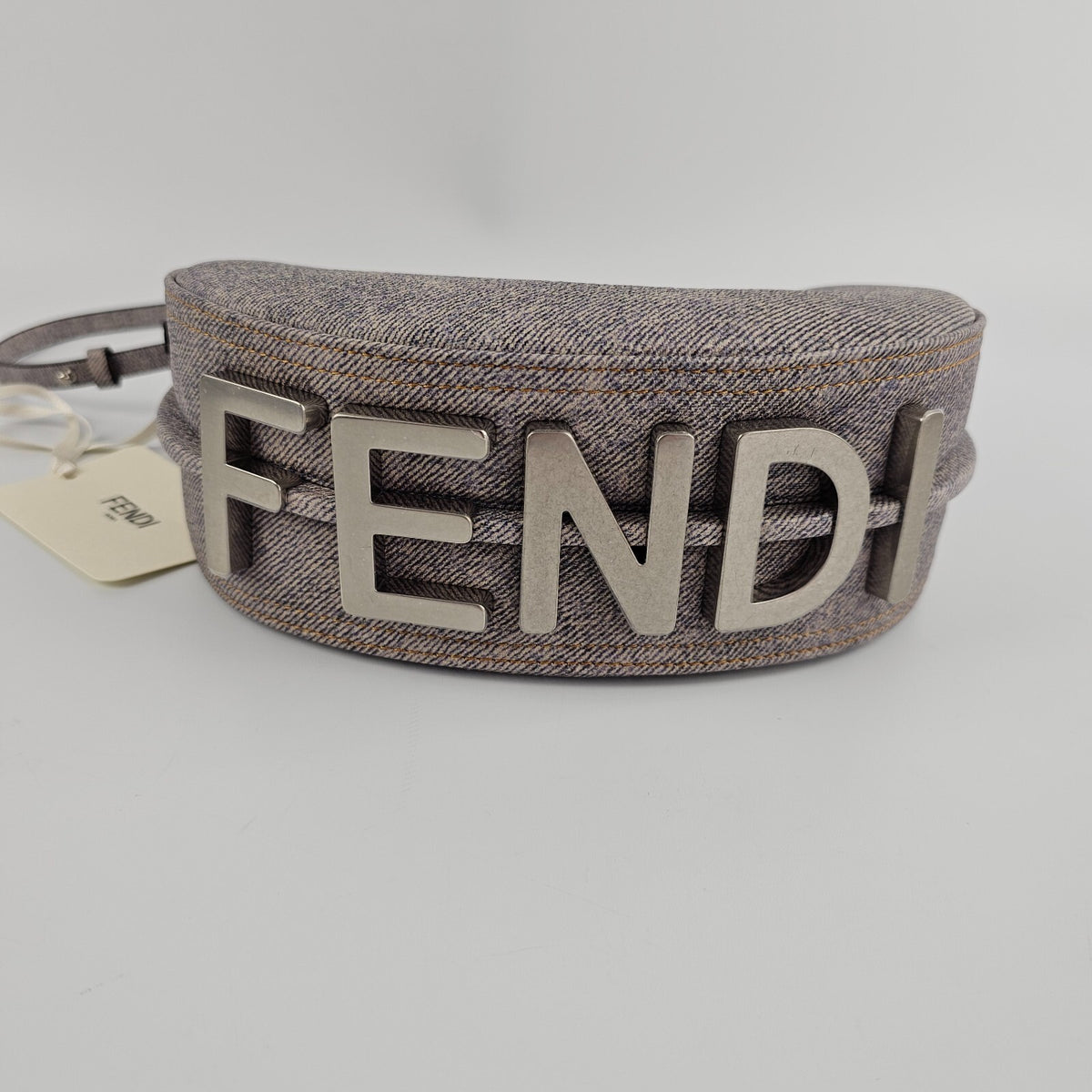 FENDI Fendigraphy Mini $2400 Gray Leather Denim Top Handle Bag New & Authentic