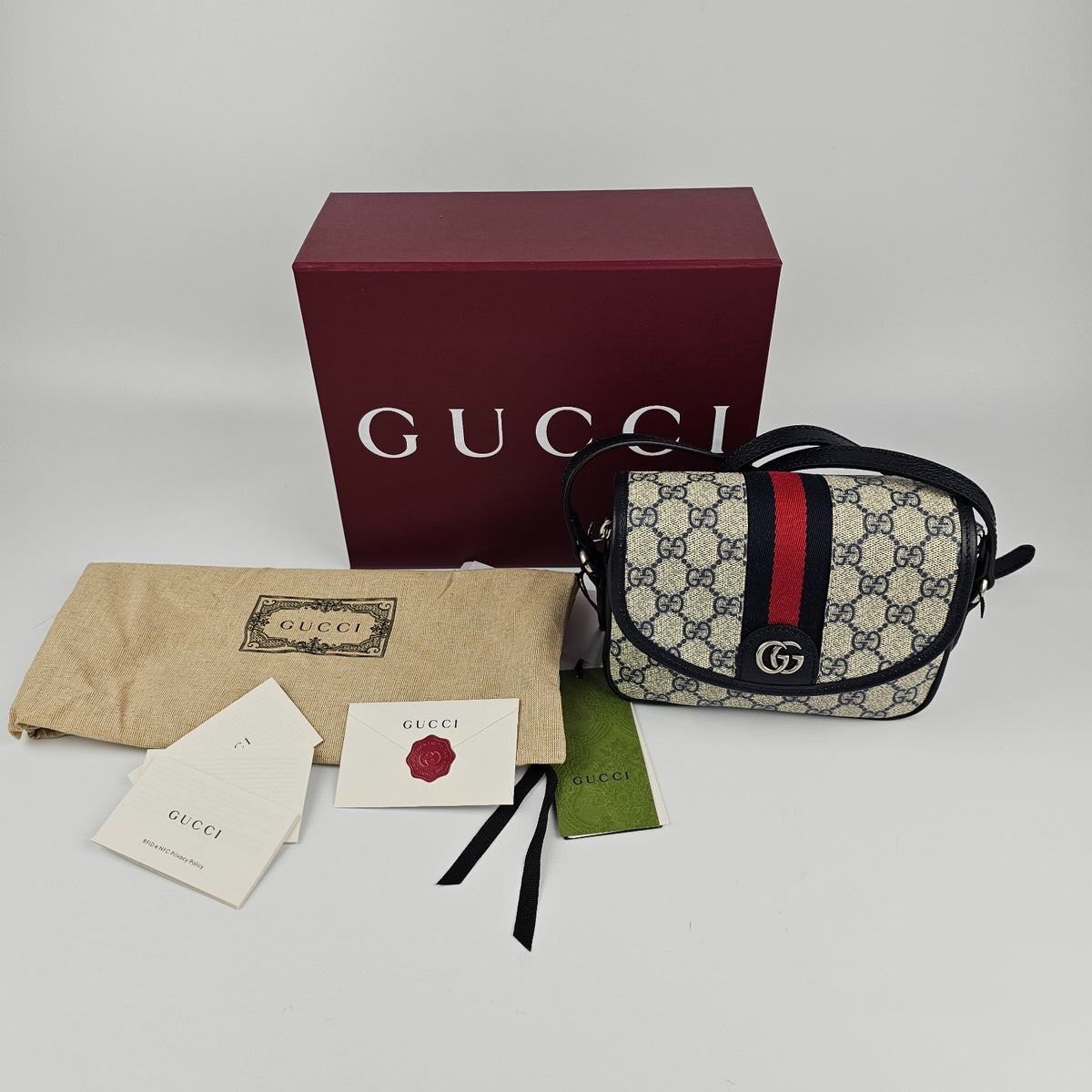 GUCCI Ophidia Mini $1850 Beige And Blue GG Canvas Shoulder Bag New & Authentic