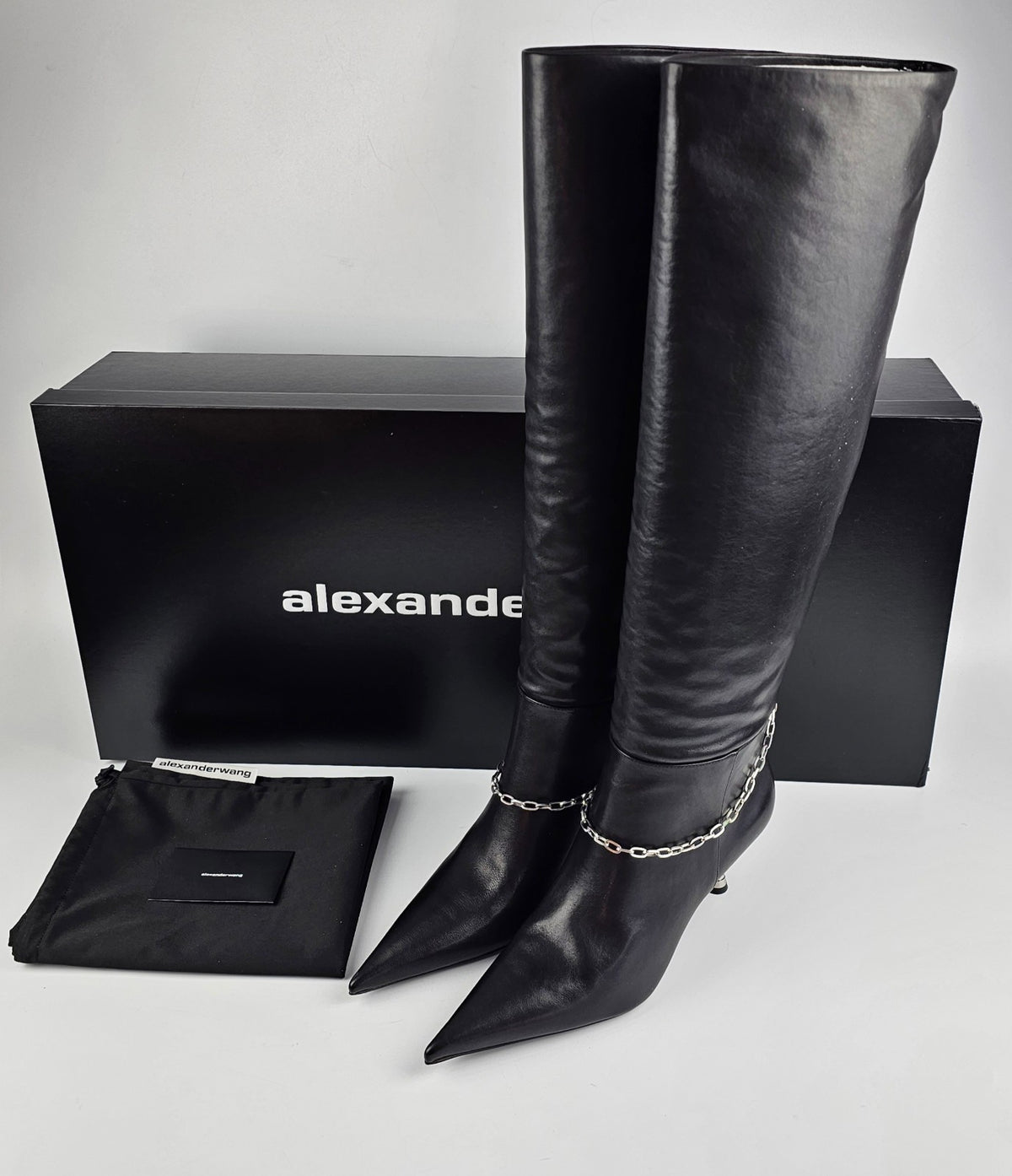 ALEXANDER WANG Black Chain Detail Knee-High Leather Boots New