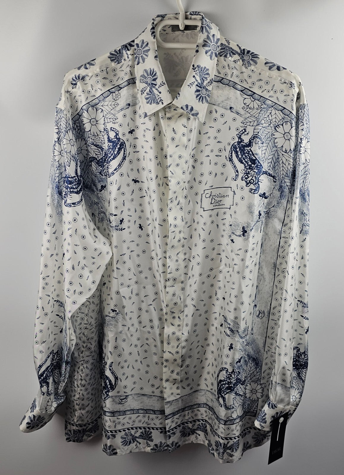 DIOR $2250 White And Navy Blue Silk Shirt New & Authentic Size 39