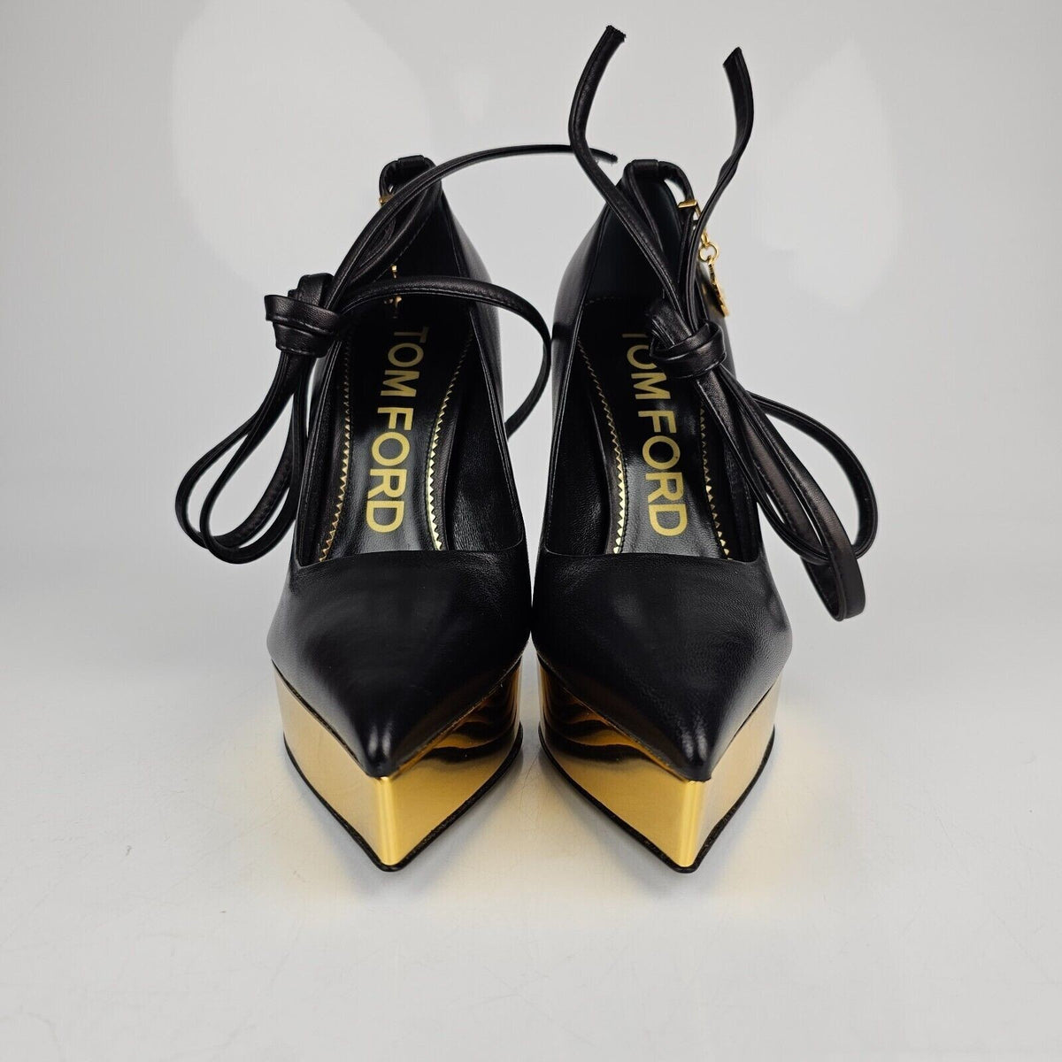 TOM FORD Scoop Ankle 130mm Black/Gold Leather Pumps New Size 37 US 7