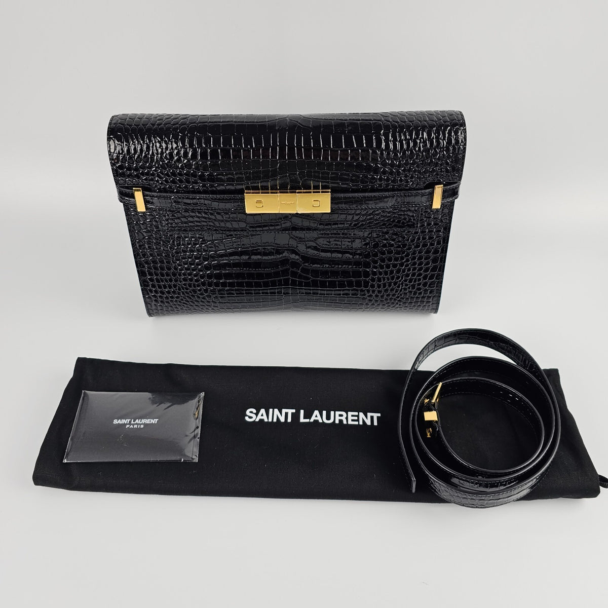 Saint Laurent Manhattan $3100 Black Embossed Leather Shoulder Bag New