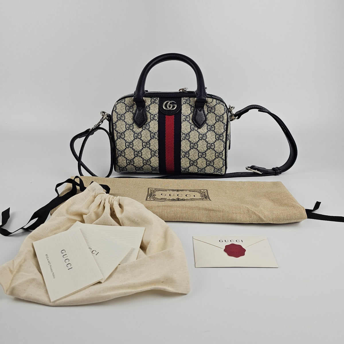 GUCCI Ophidia Small Beige And Blue GG Canvas Top Handle Bag New & Authentic