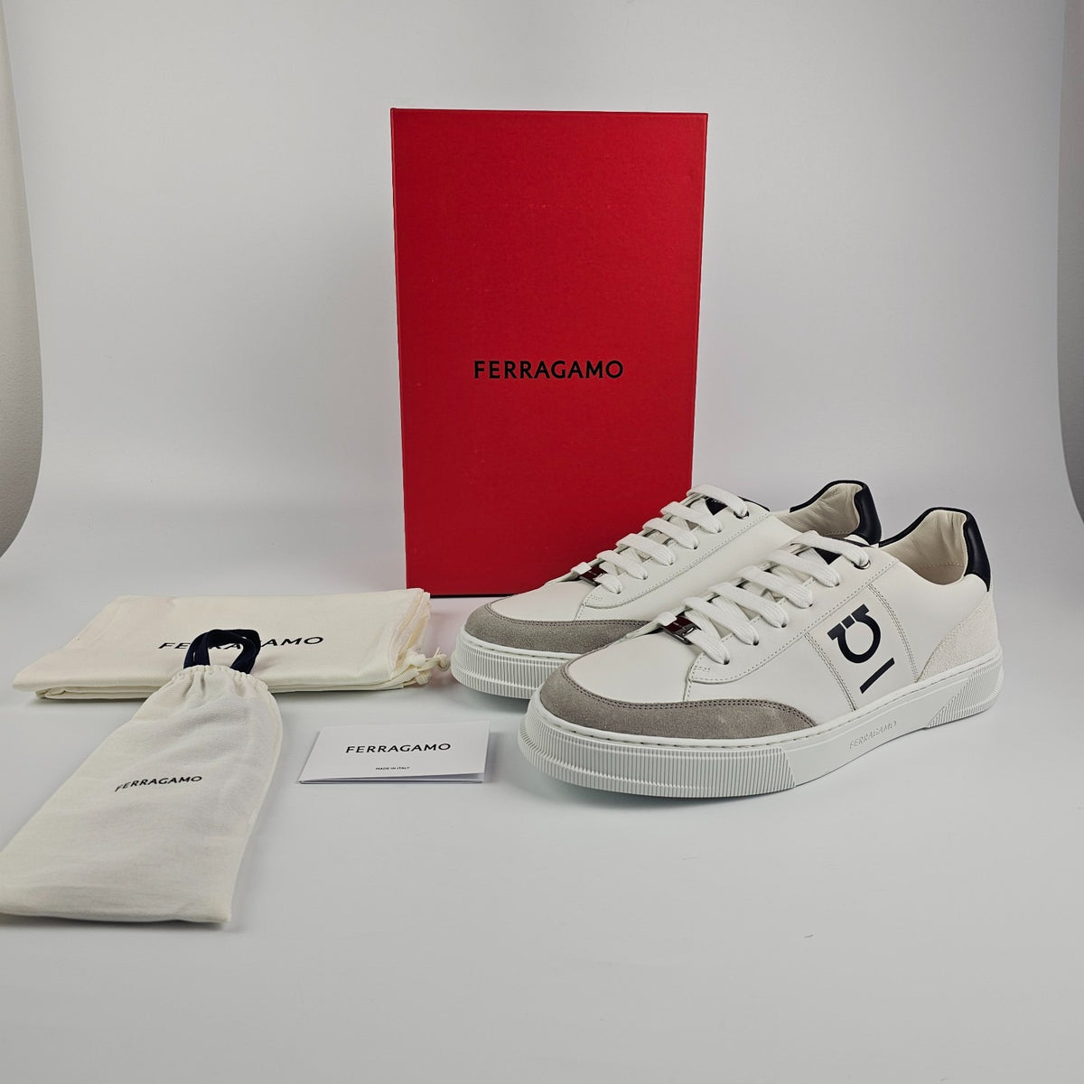 FERRAGAMO Alaska White/Black Sneakers New & Authentic
