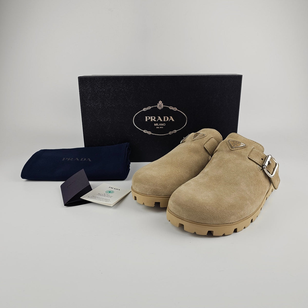 PRADA Desert Beige Suede Mules New & Authentic