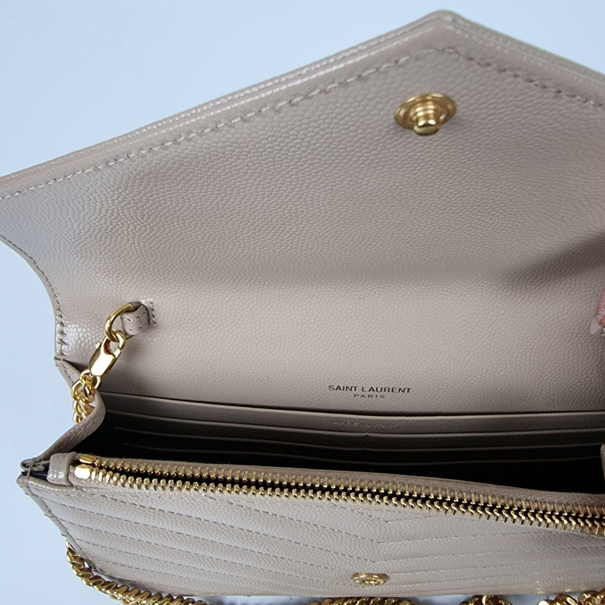 SAINT LAURENT Cassandre Envelope Dark Beige Grained Leather Chain Wallet New