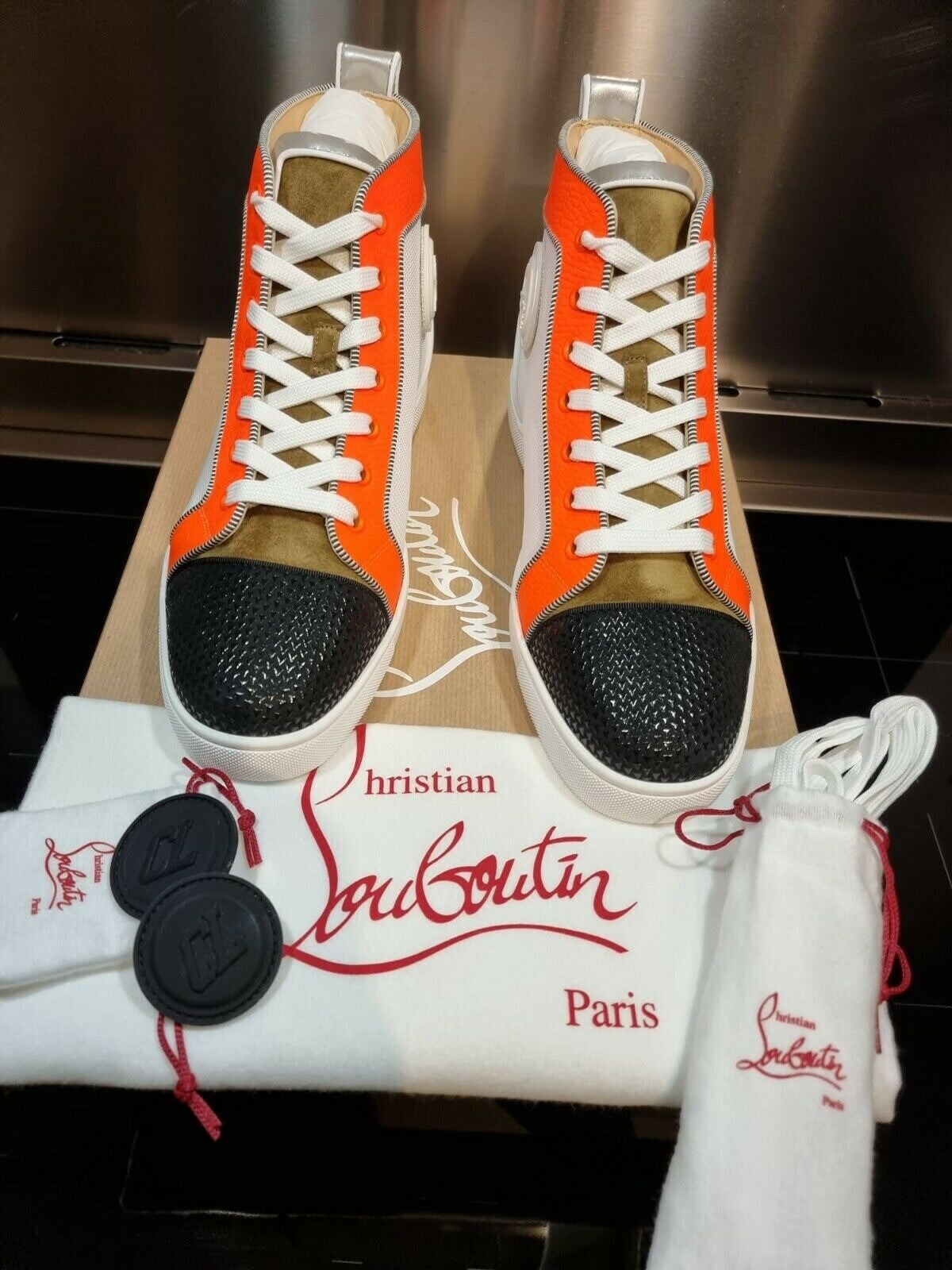 CHRISTIAN LOUBOUTIN Louis Orlato Grey And Orange Sneakers New Size 41.5 US 8.5