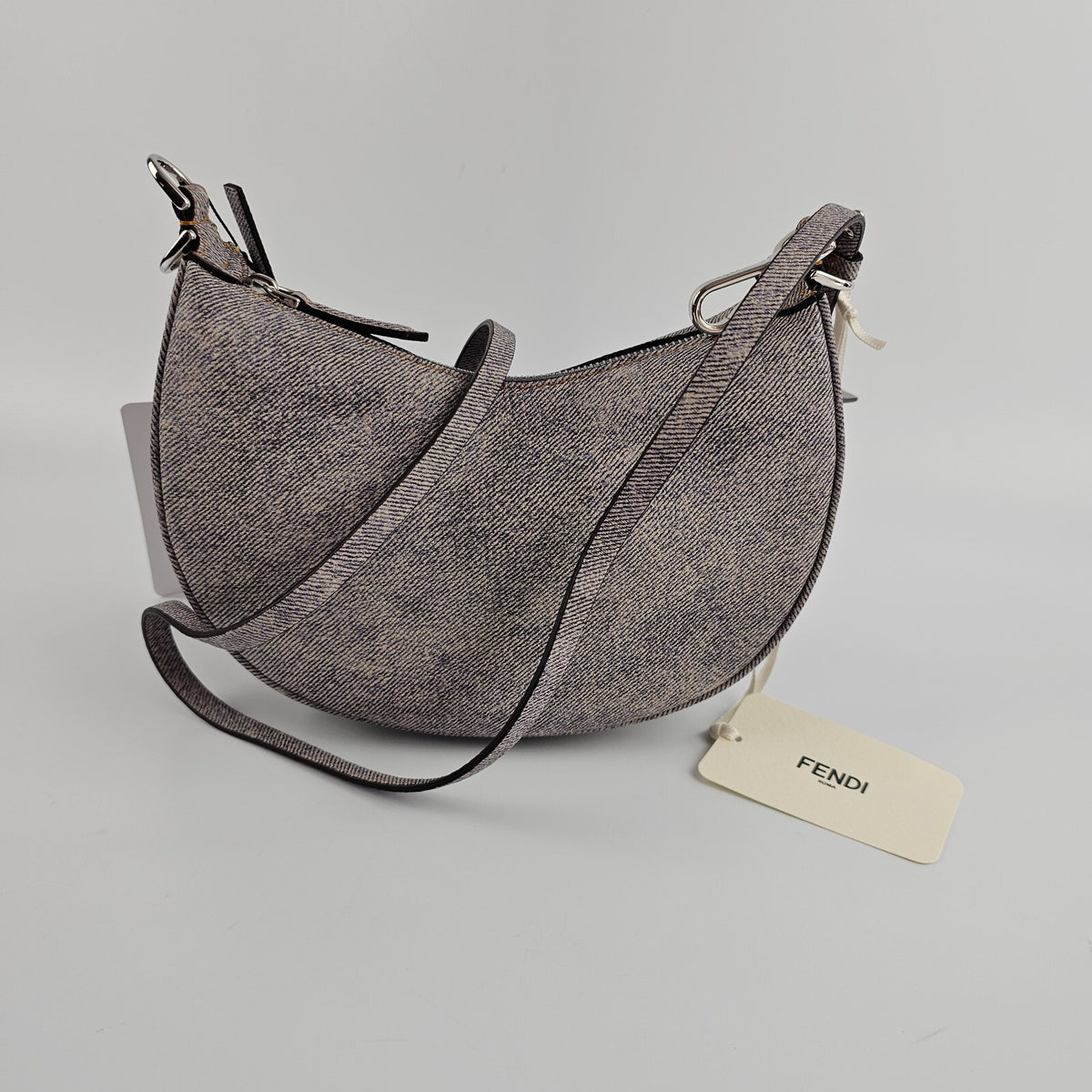 FENDI Fendigraphy Mini $2400 Gray Leather Denim Top Handle Bag New & Authentic