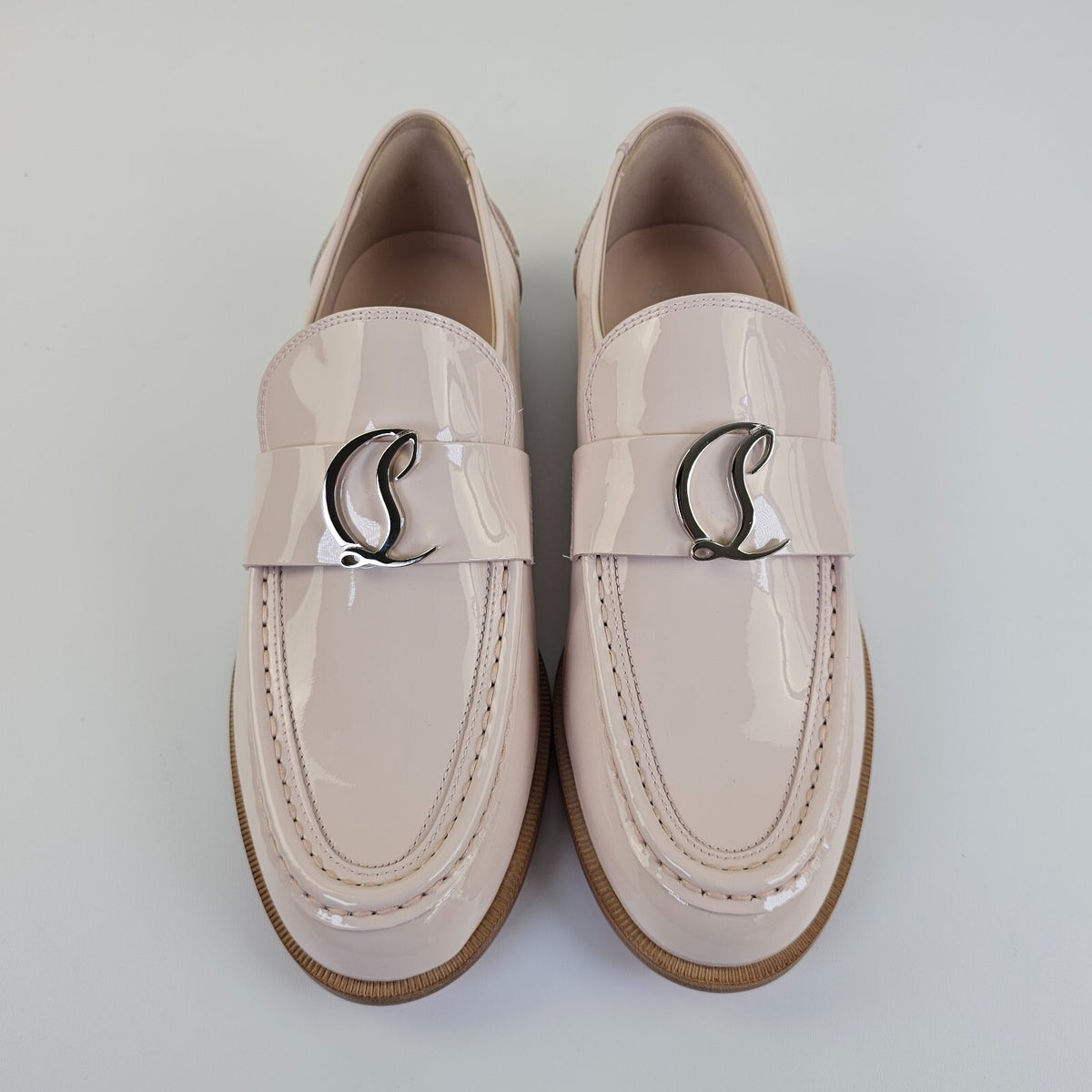 CHRISTIAN LOUBOUTIN CL Moc Flat Leche Pink Patent Leather Loafers New Size 38.5