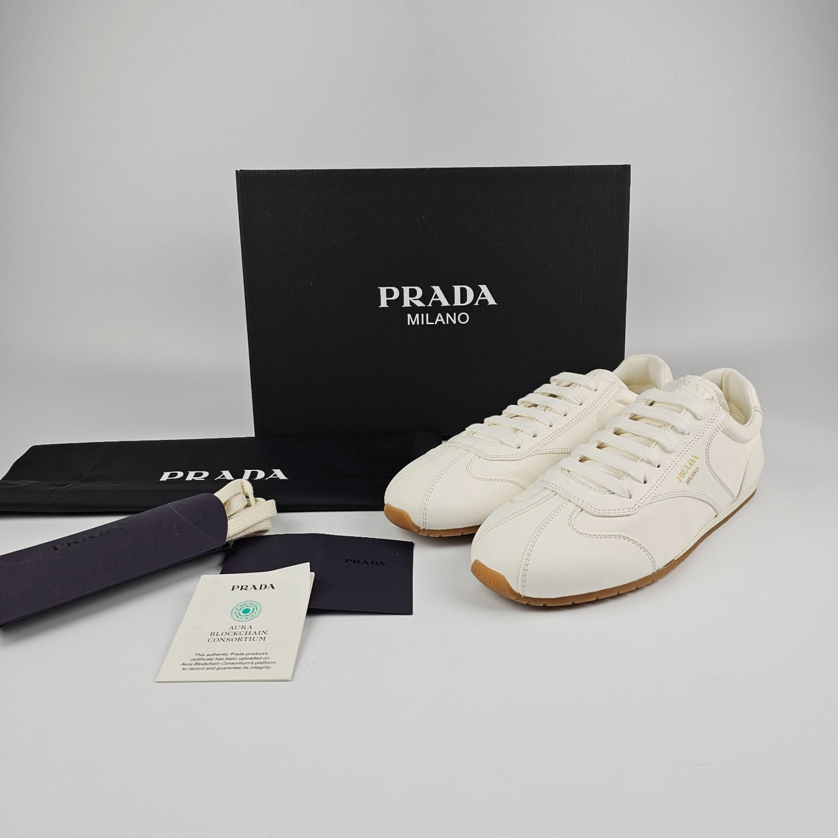PRADA $1020 White Nappa Leather Sneakers New & Authentic