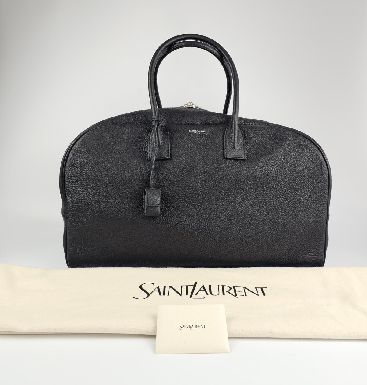 SAINT LAURENT $3700 Black Grained Leather Bowling Duffle Bag New & Authentic