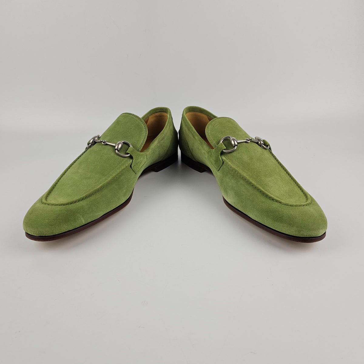GUCCI Jordaan $1090 Men's Green Suede Horsebit Loafers New & Authentic