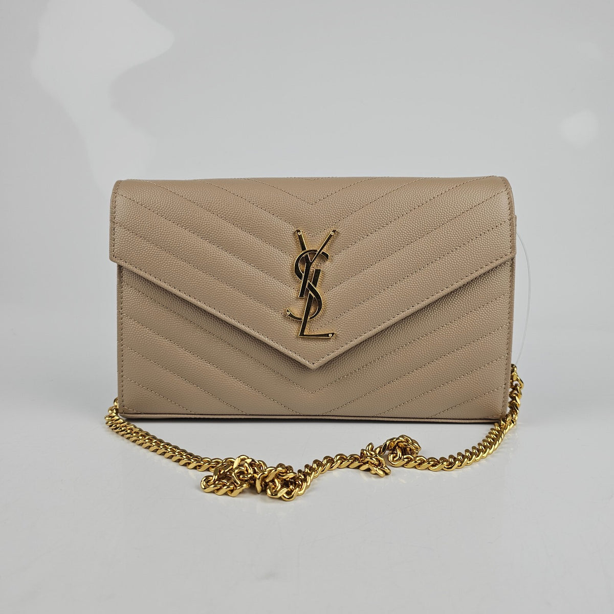 SAINT LAURENT Cassandre Classic Dark Beige Grained Leather Chain Wallet New