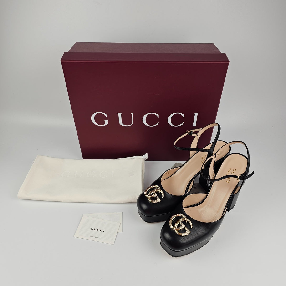 GUCCI Black Leather With Crystal GG Platform Sandals New & Authentic