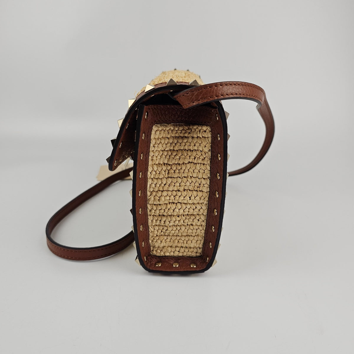 VALENTINO GARAVANI Rockstud Small Brown Raffia Crossbody Bag New And Authentic