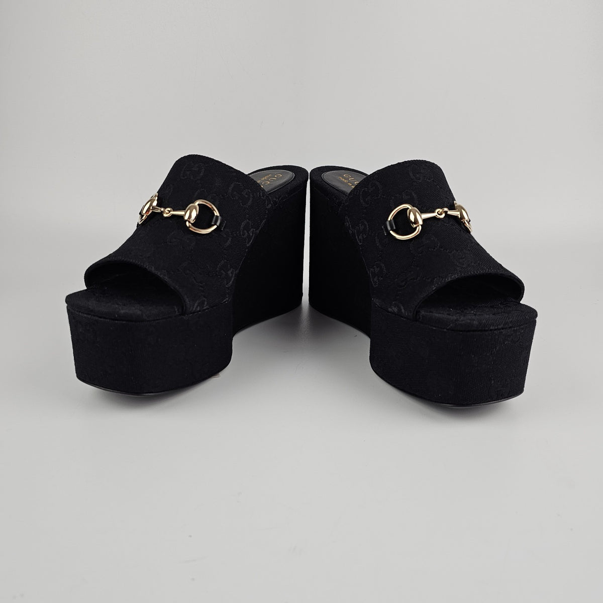 GUCCI Black GG Canvas Horsebit Wedge Sandals New & Authentic