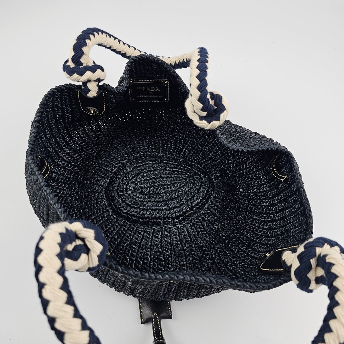 PRADA Small Basket Black Raffia Top Handle Bag New And Authentic
