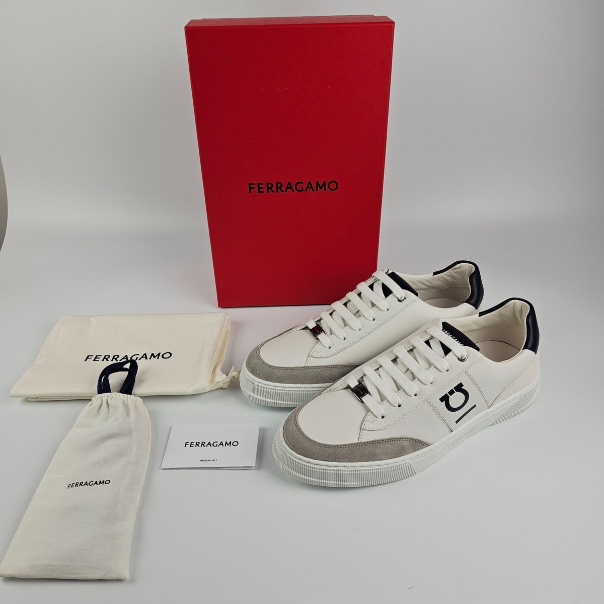 FERRAGAMO Alaska White/Black Sneakers New & Authentic