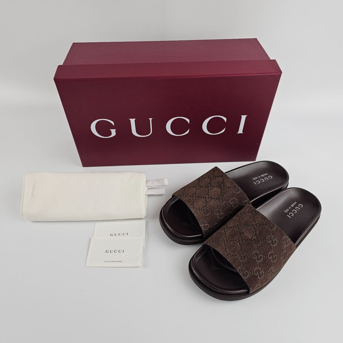 GUCCI $820 Men's Brown GG Suede Slide Sandals New & Authentic