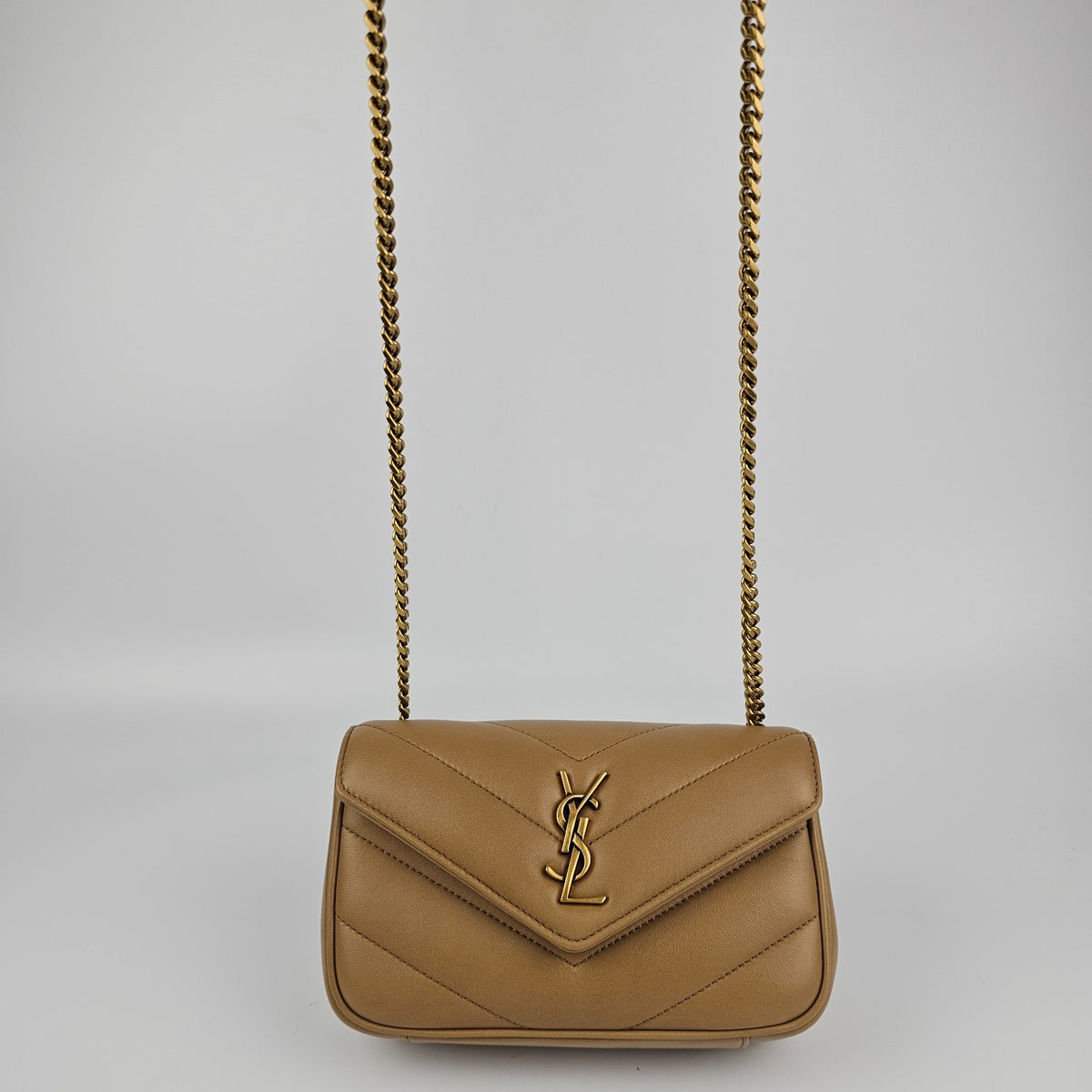 SAINT LAURENT Loulou Mini $2150 Natural Tan Leather Shoulder Bag New