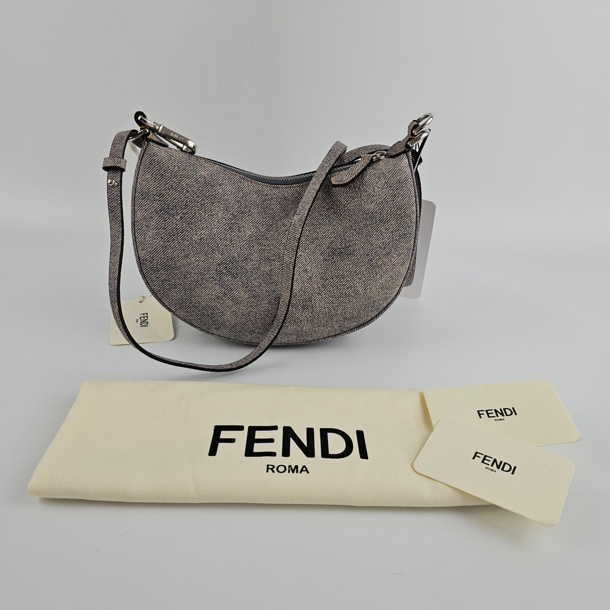 FENDI Fendigraphy Mini $2400 Gray Leather Denim Top Handle Bag New & Authentic