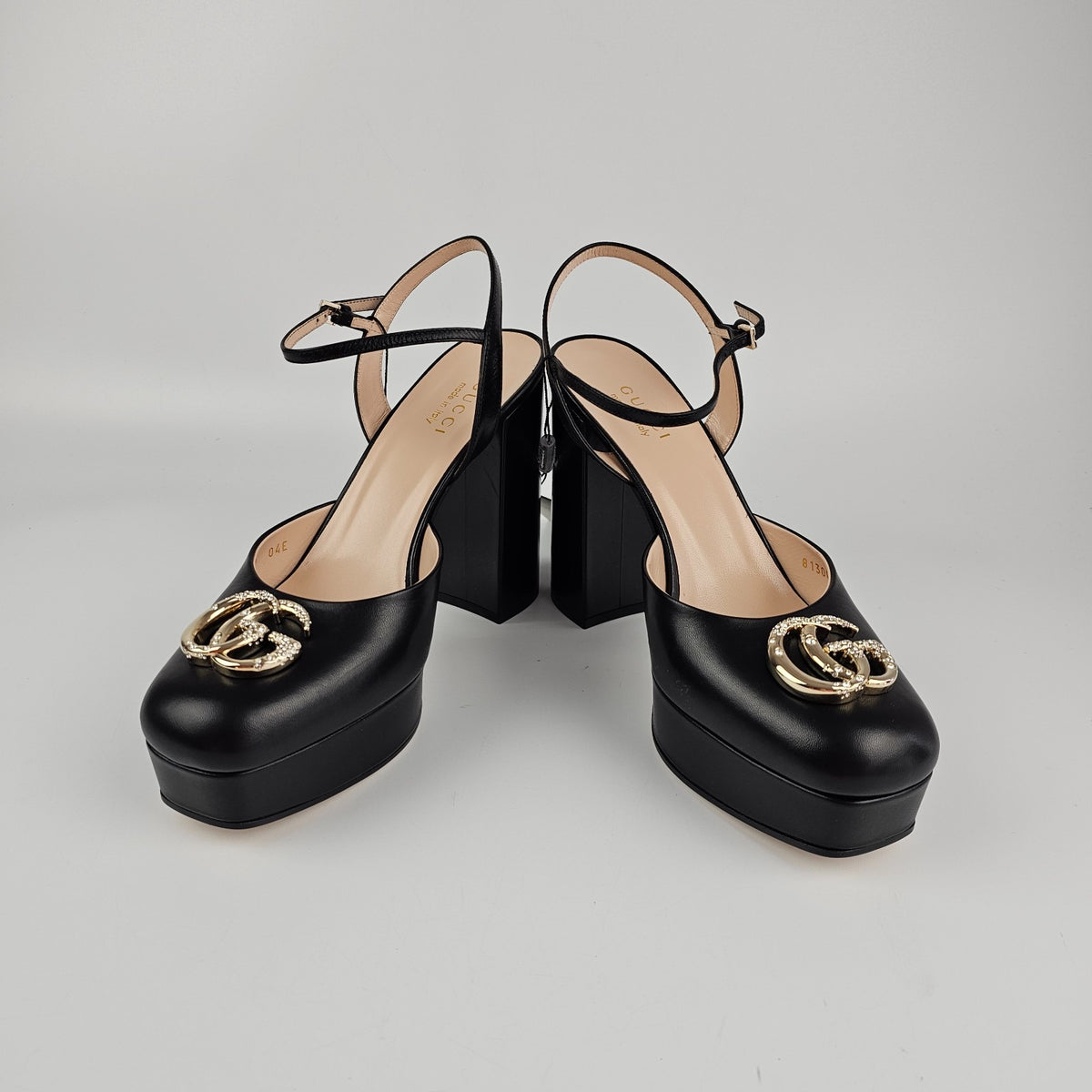 GUCCI Black Leather With Crystal GG Platform Sandals New & Authentic