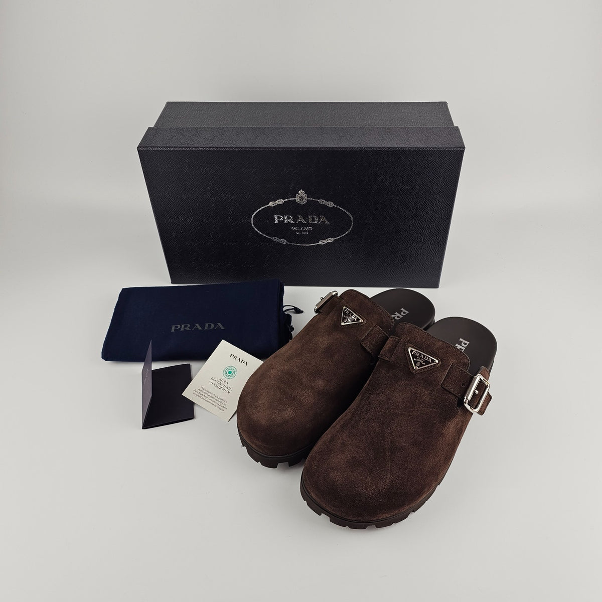 PRADA $1170 Dark Brown Suede Mules New & Authentic