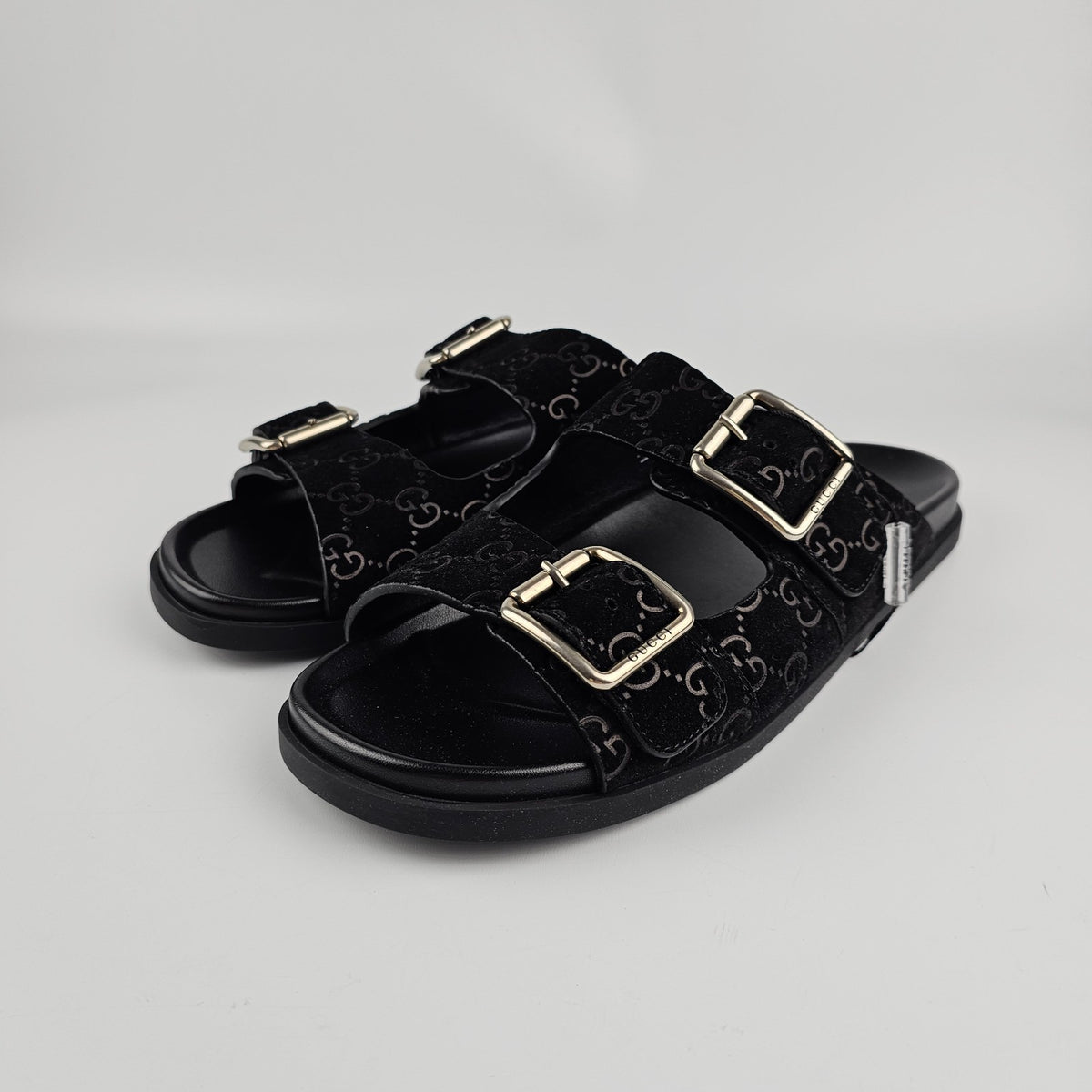 GUCCI $1050 Men's Black GG Suede Slide Sandals New & Authentic