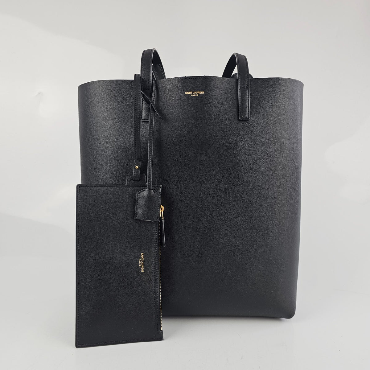 SAINT LAURENT Bold Black Leather Shopping Tote Bag New