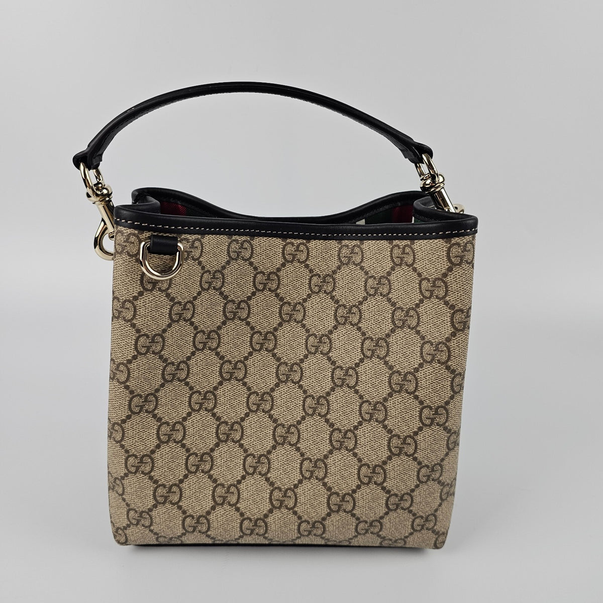 GUCCI GG Emblem Small $2280 Beige And Dark Brown Fabric Bucket Bag New