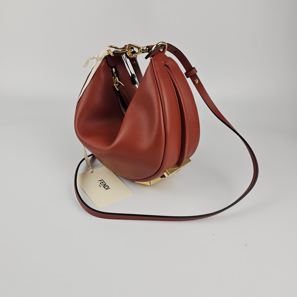 FENDI Fendigraphy Mini $2350 Sienna Brown Leather Top Handle Bag New & Authentic