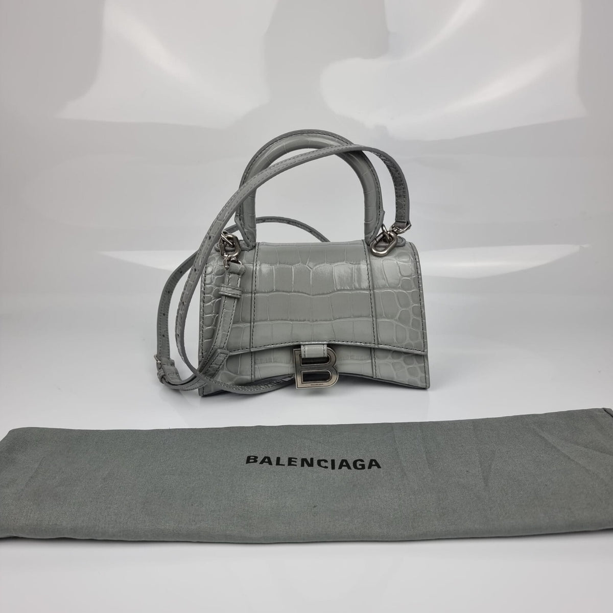 BALENCIAGA XS Hourglass Embossed Gray Leather Bag New