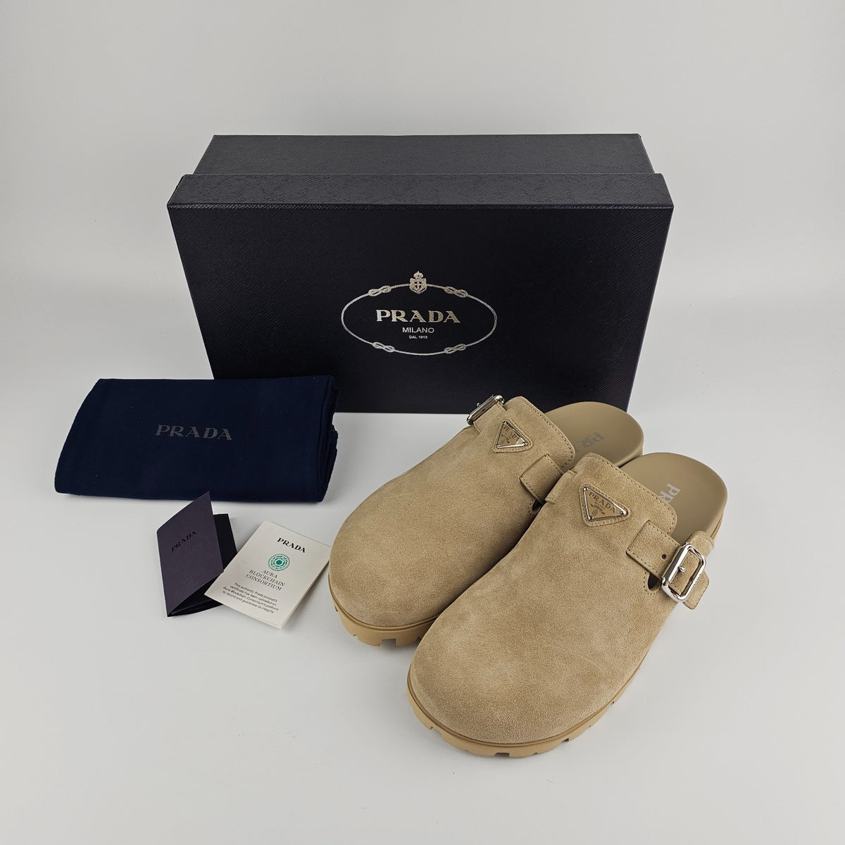 PRADA Desert Beige Suede Mules New & Authentic