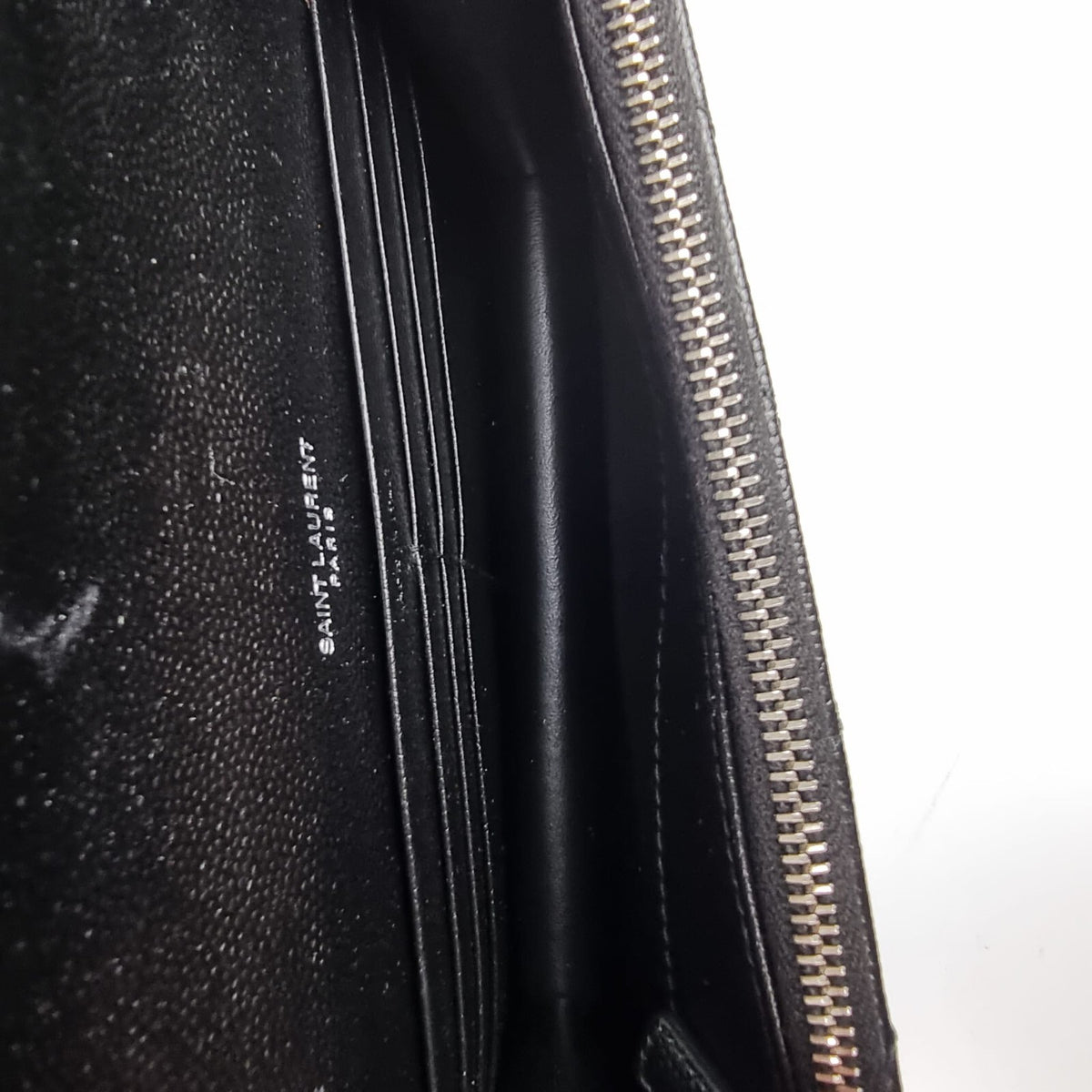 SAINT LAURENT Cassandre Envelope Black/Silver Grained Leather Chain Wallet New