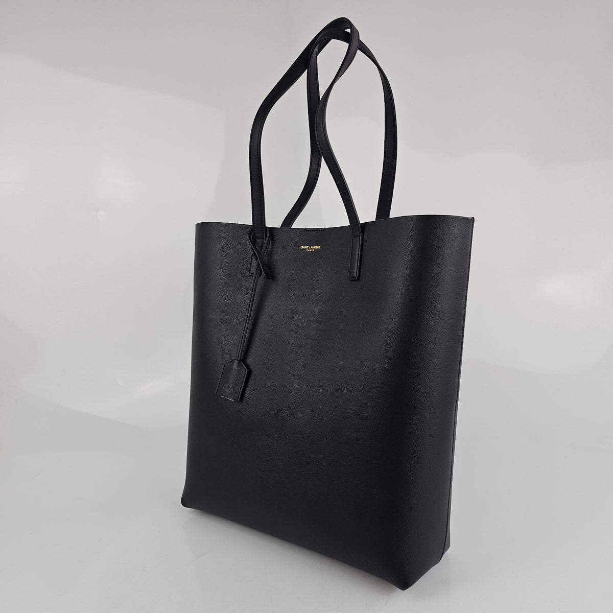 SAINT LAURENT Bold Black Leather Shopping Tote Bag New