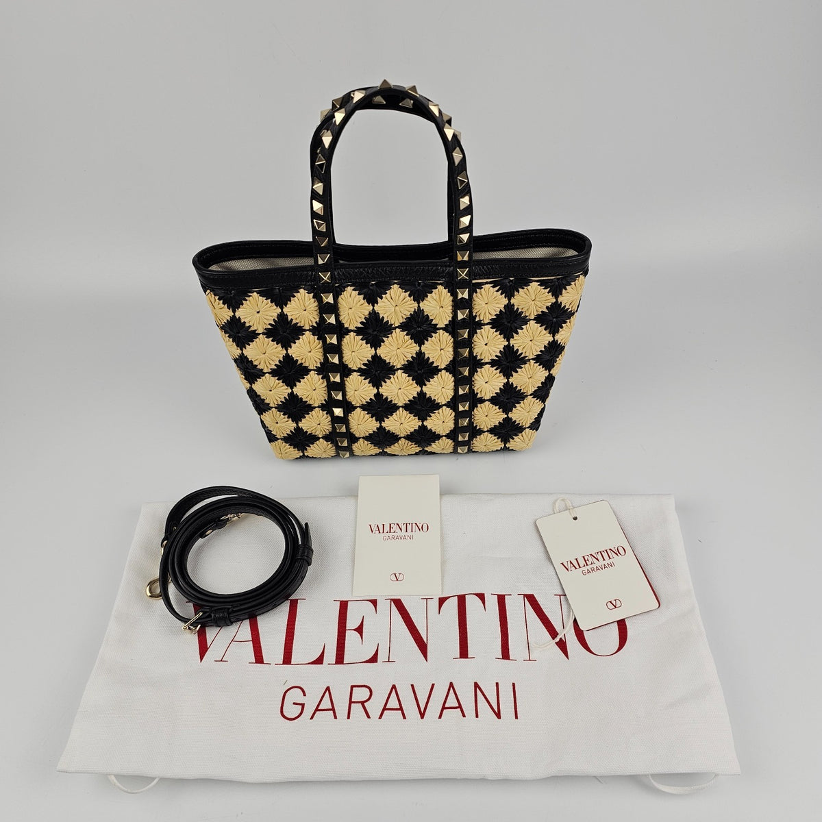 VALENTINO GARAVANI Rockstud Spike Shopper Black Yellow Raffia Tote Bag New