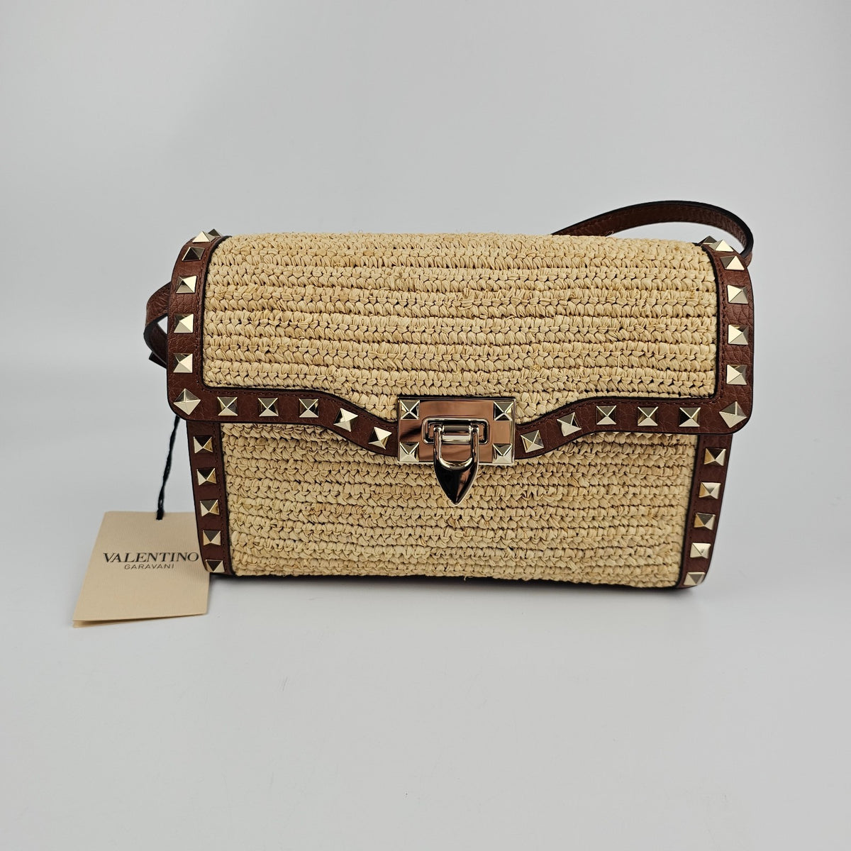 VALENTINO GARAVANI Rockstud Small Brown Raffia Crossbody Bag New And Authentic