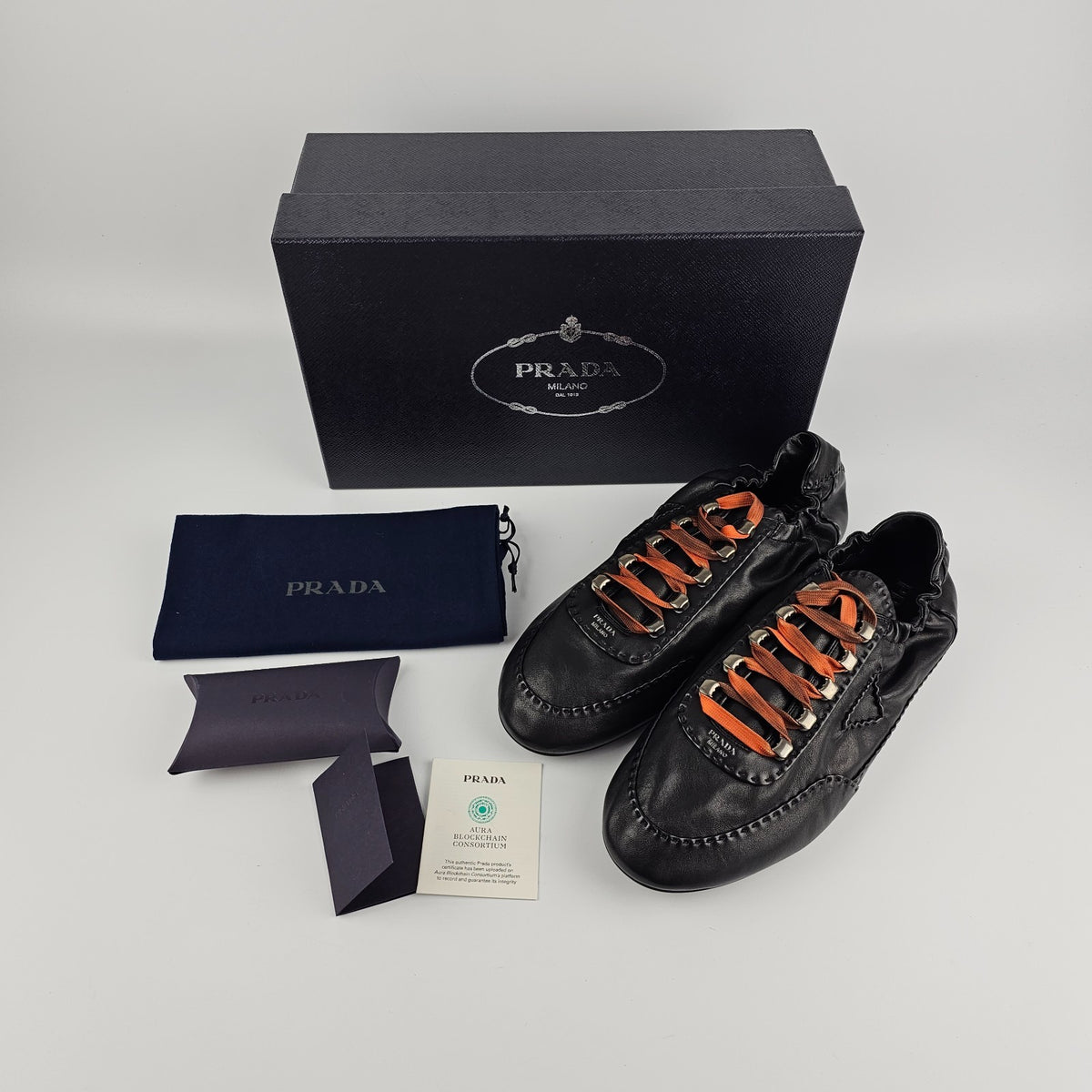 PRADA $1270 Collapse Black Antiqued Nappa Leather Sneakers New & Authentic