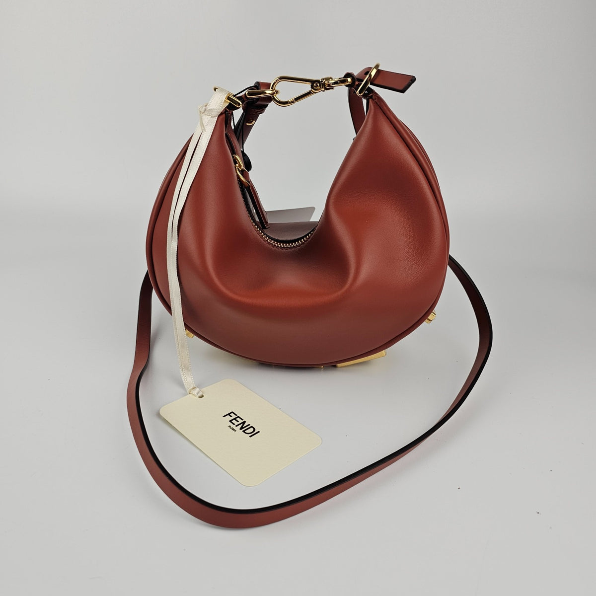 FENDI Fendigraphy Mini $2350 Sienna Brown Leather Top Handle Bag New & Authentic