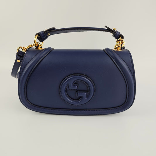 GUCCI Blondie Medium $3900 Blue Leather Top Handle Bag New And Authentic