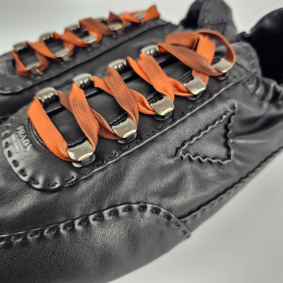 PRADA $1270 Collapse Black Antiqued Nappa Leather Sneakers New & Authentic