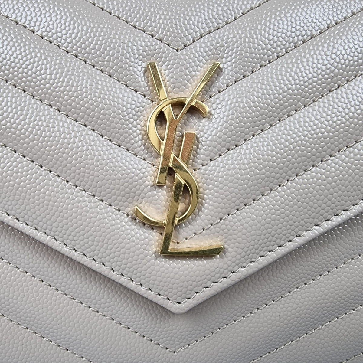 SAINT LAURENT Cassandre Envelope Dark Beige Grained Leather Chain Wallet New