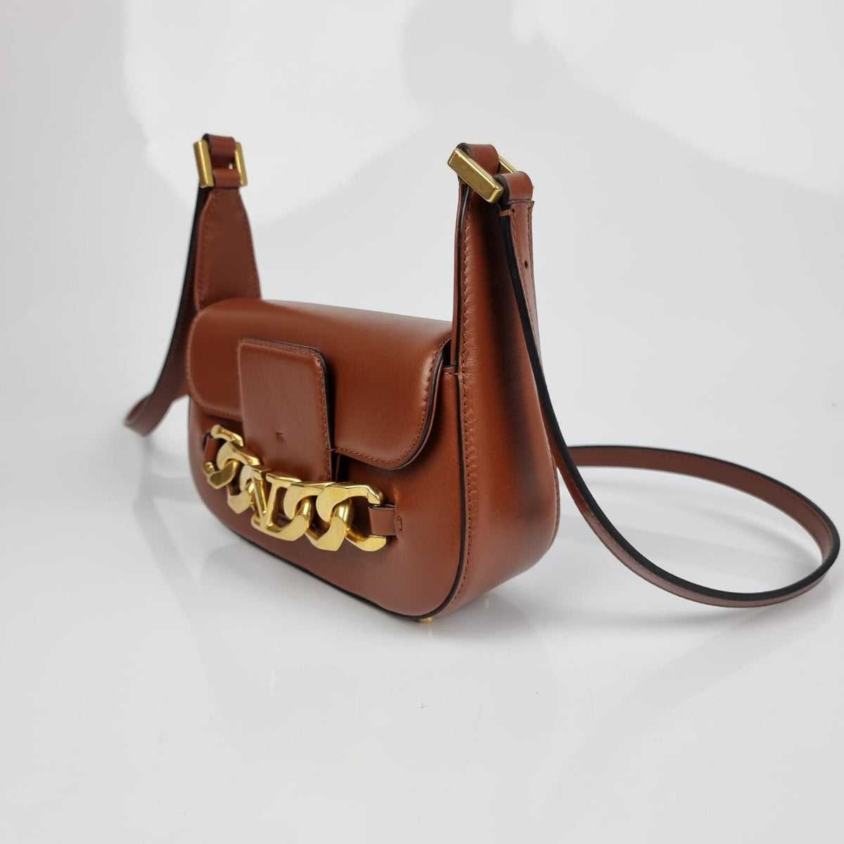VALENTINO GARAVANI Small V Chain Leather  Brown Shoulder Bag