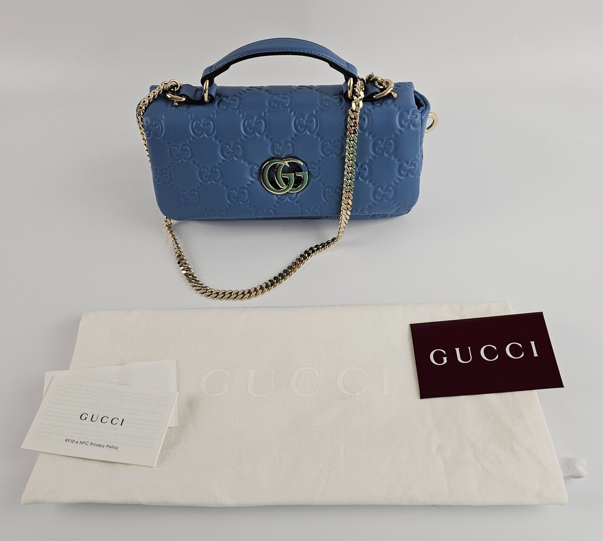 GUCCI Milano GG Small Blue GG Leather Top Handle Bag New/Authentic