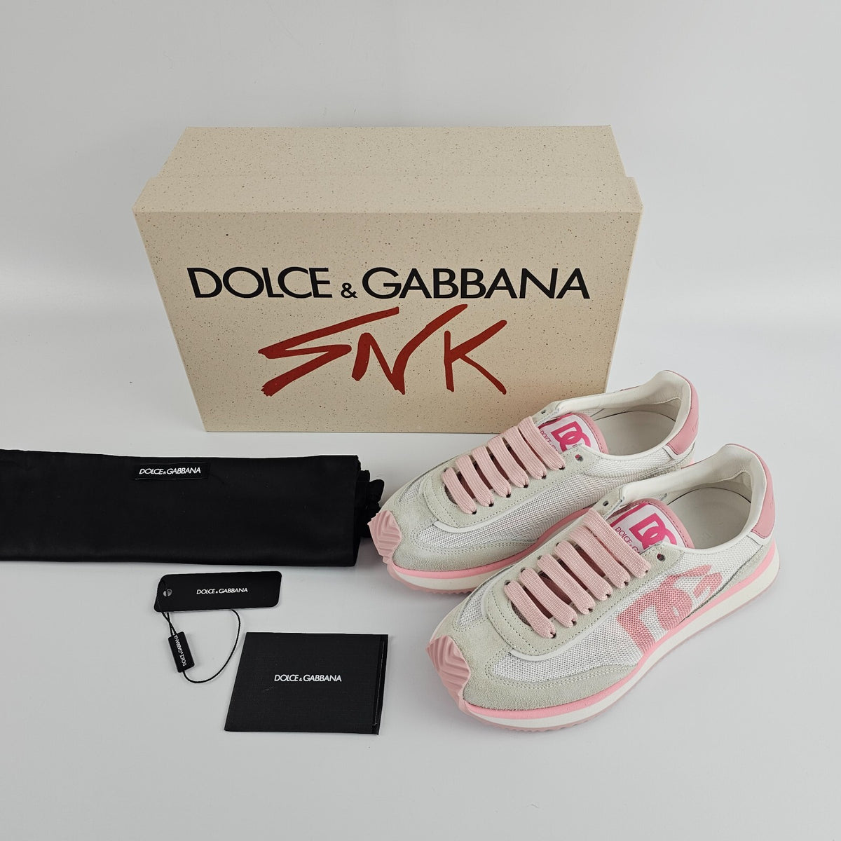 DOLCE&GABBANA DG Cushion $495 White/Pink Mixed-Material Sneakers New