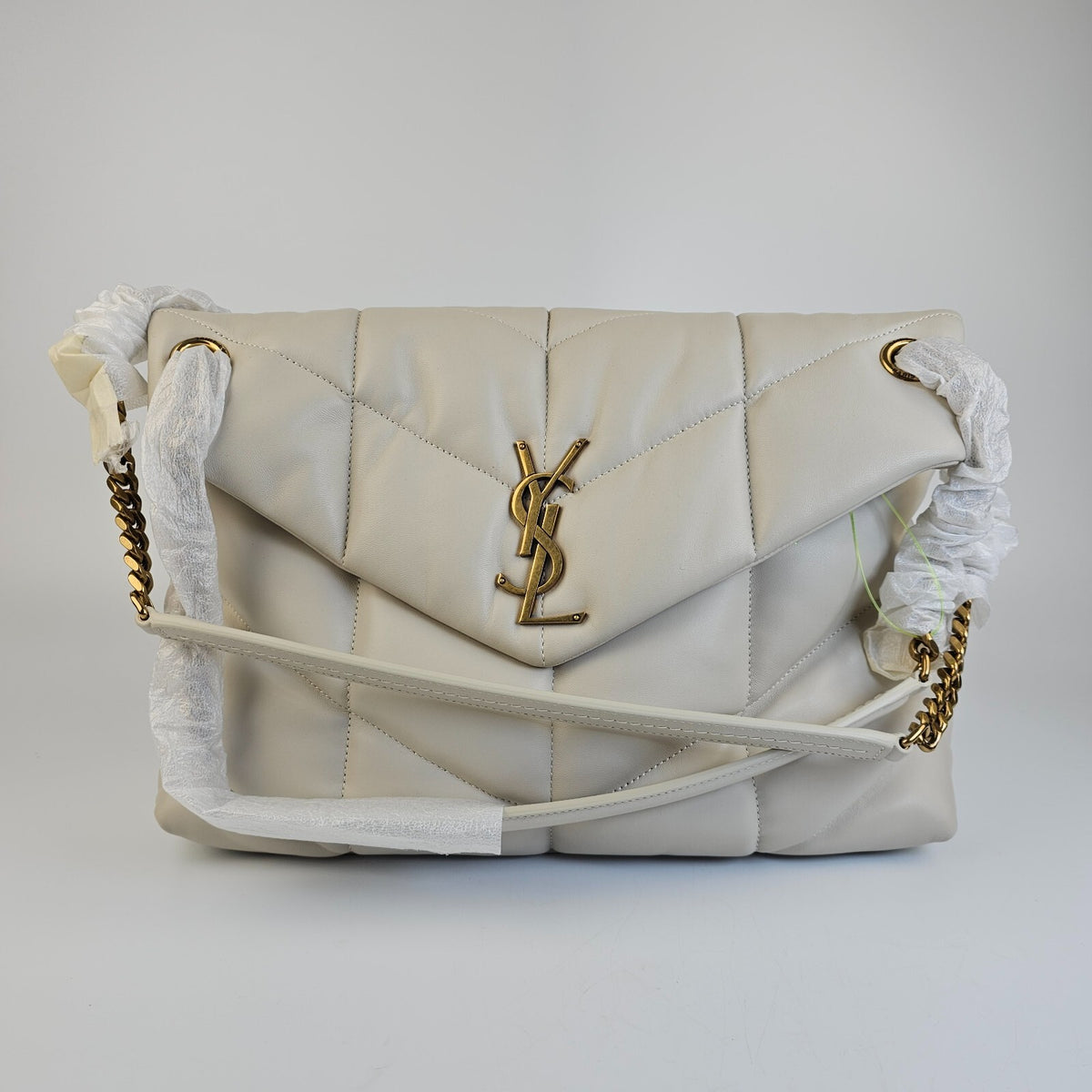 SAINT LAURENT Puffer Medium $3550 Blanc Vintage Nappa Leather Shoulder Bag New
