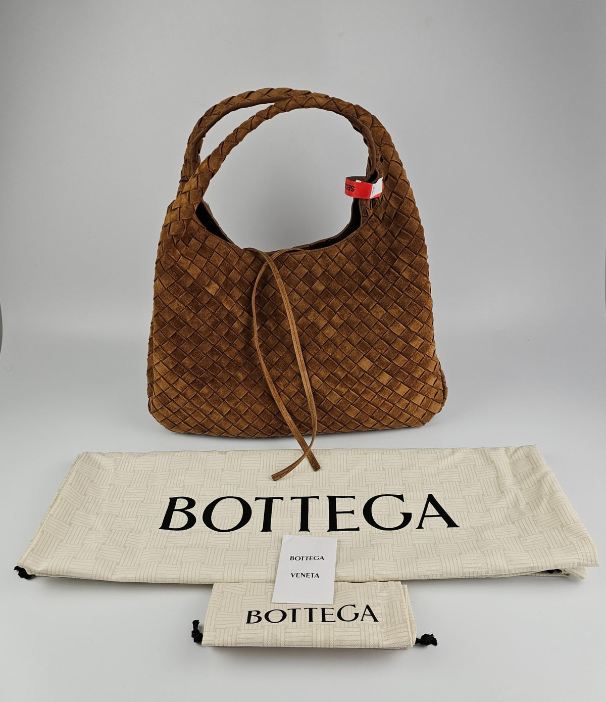 BOTTEGA VENETA Campana Large $6200 Amber Suede Top Handle Bag New & Authentic